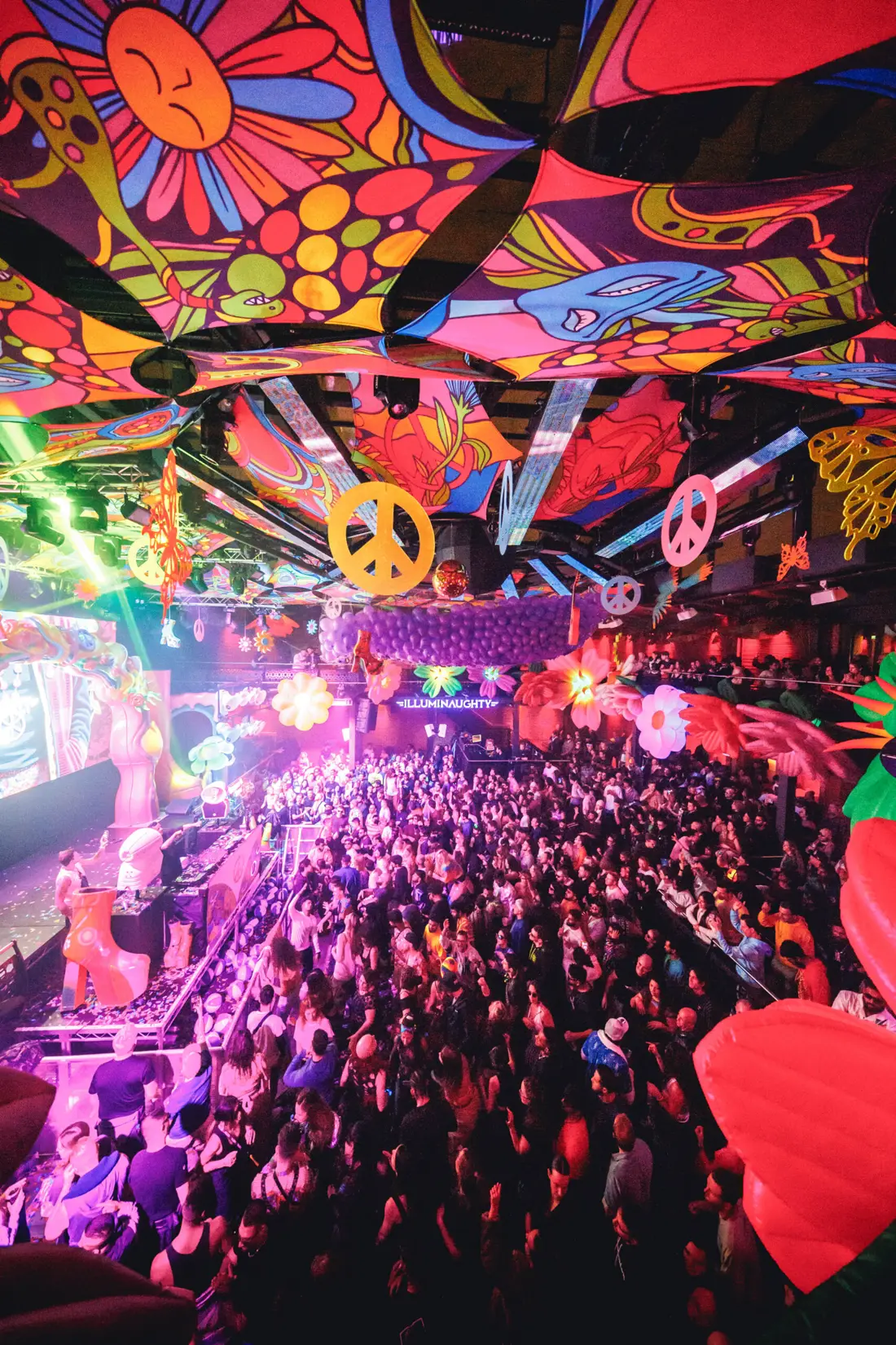 Crowd under hanging décor at Purple Haze.