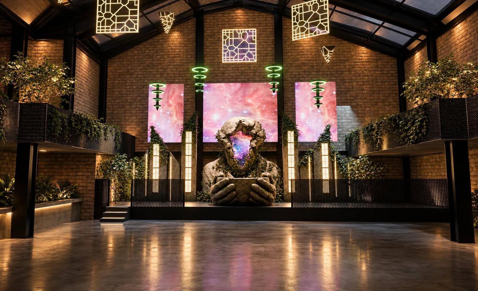 The hall for 20 Years of Chaos: a stone figure on stage, plants along the balconies, night sky on the screens.